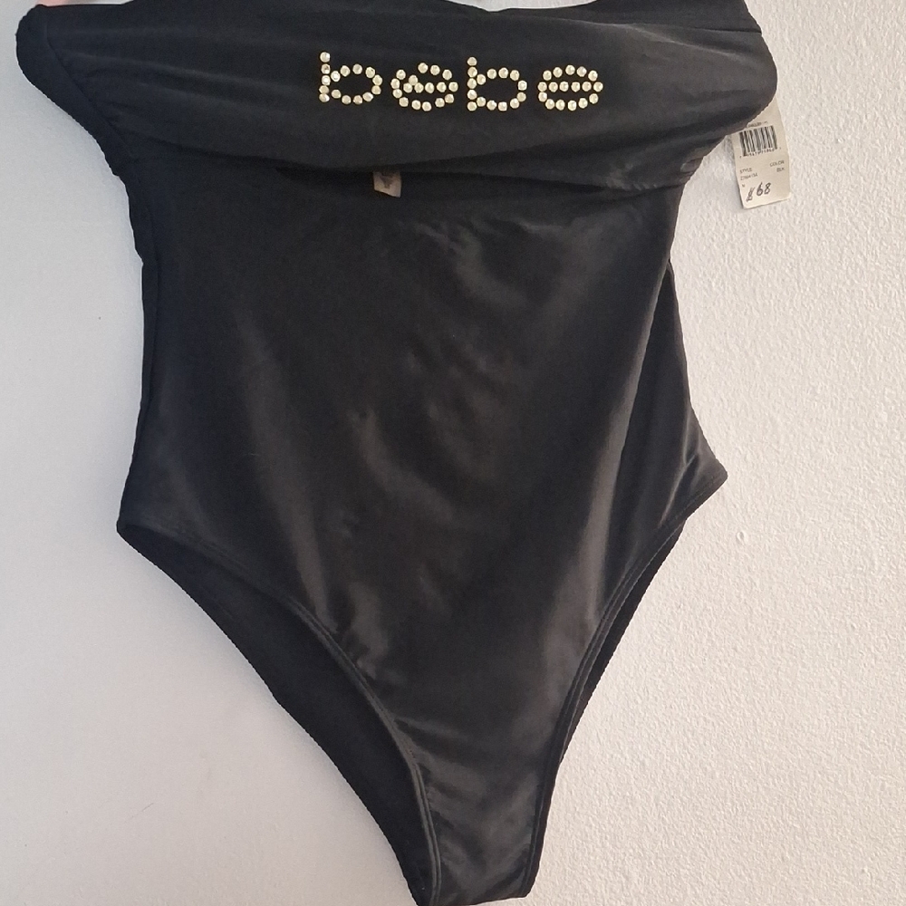 Bebe Black Bathing Suit with Rhinestone Logo